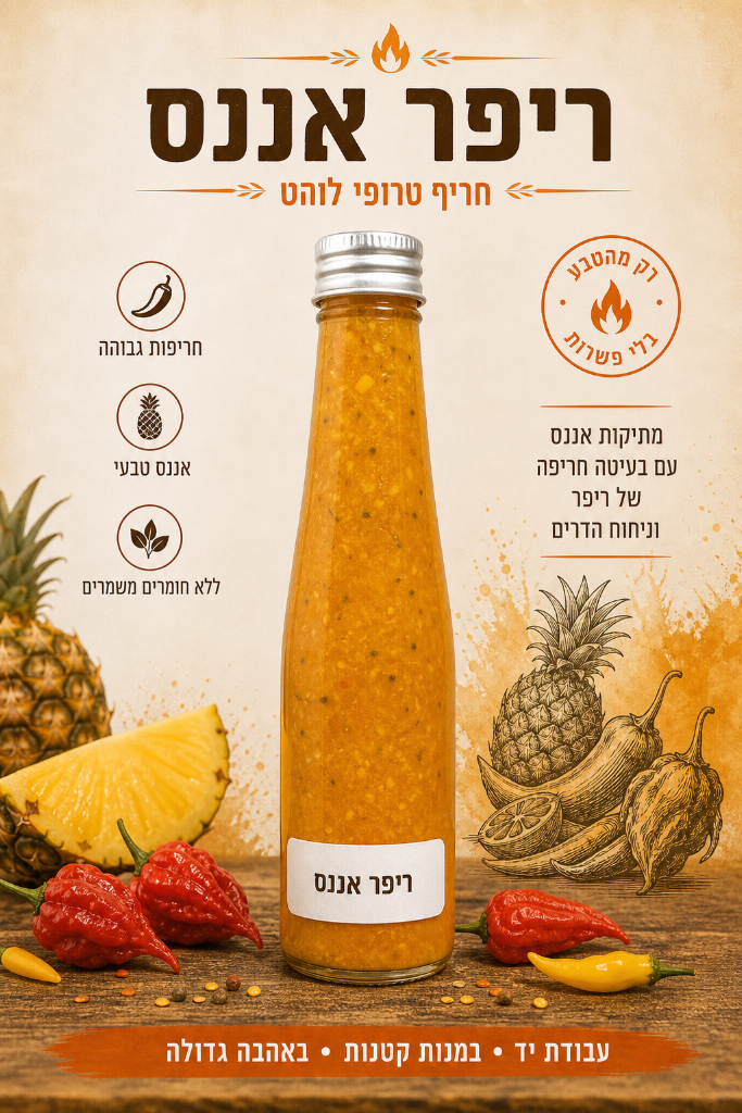 ריפר אננס חריף טרופי לוהט בבקבוק עם מדבקה לבנה